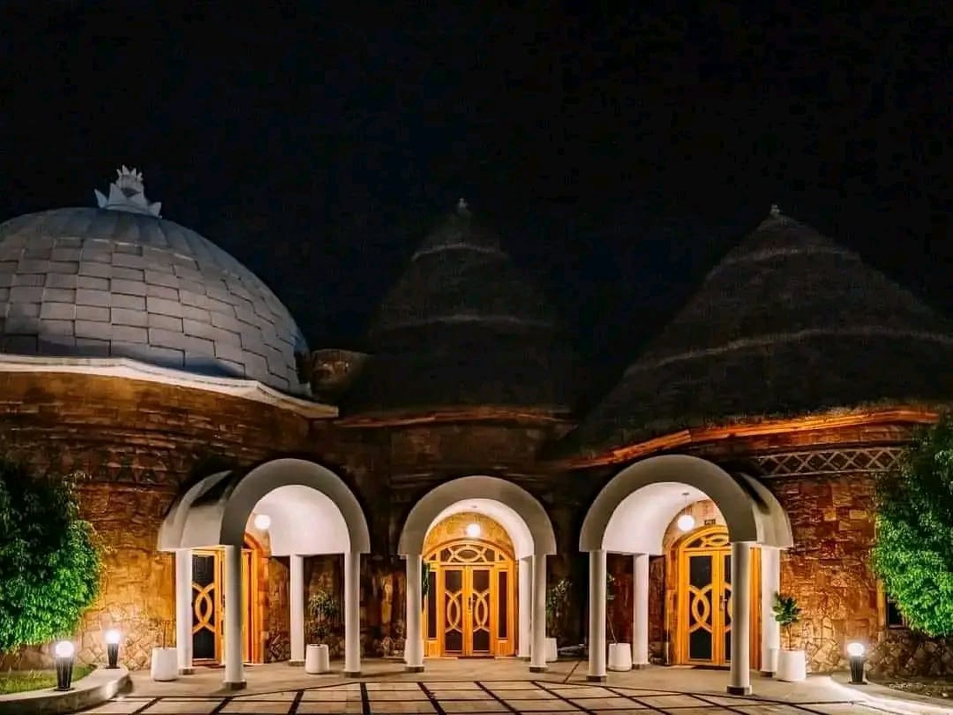 Lakeside resort entrance at night, Ethiopia
