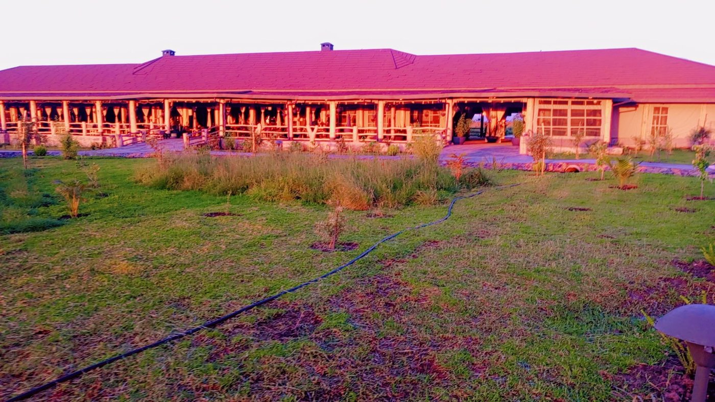 Lodge buildings in the evening light