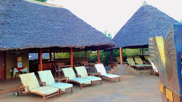 Sunbeds and thatched lounge at Severin Safari Camp